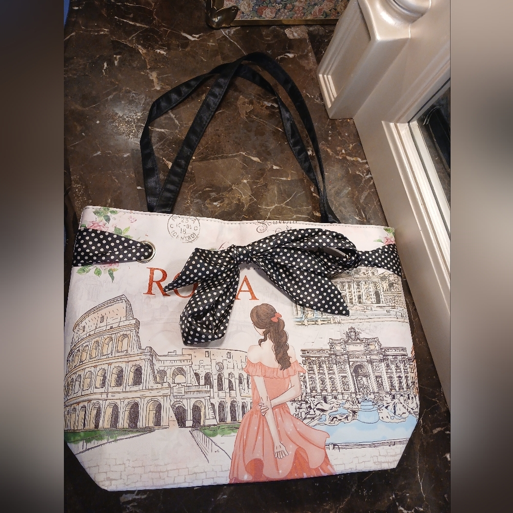 Cute Tote Bag with Rome Illustration and Black Bow
